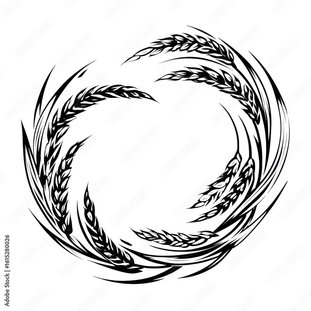 Obraz premium Circular design of dark, stylized wheat stalks in a swirling pattern