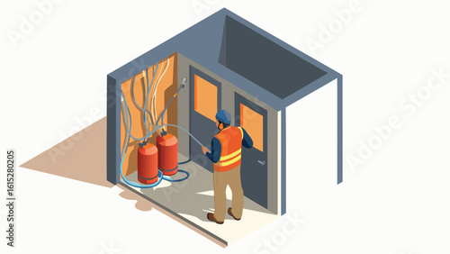Isometric view of a worker spraying inside a room with tanks and wiring on the wall in the interior