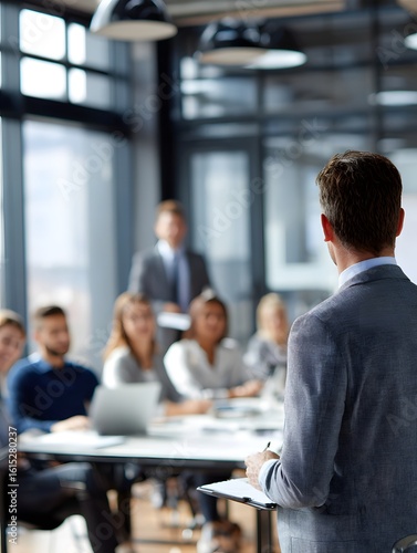 Focused Forum: A dynamic business presentation unfolds within a modern corporate setting, with an attentive audience. A speaker in a suit, captivating the room.