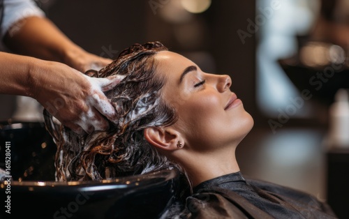 Client enjoying a relaxing hair wash experience at a modern salon during a beauty treatment session