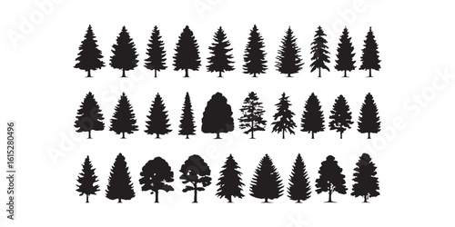 A collection of tree silhouettes arranged in rows on a white background in a vector format