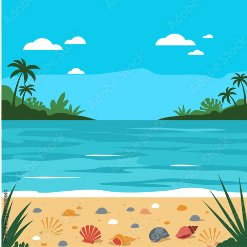Summer Tropical Beach Landscape with Seashells, Ocean, Palm Trees, and Blue Sky Vector Illustration