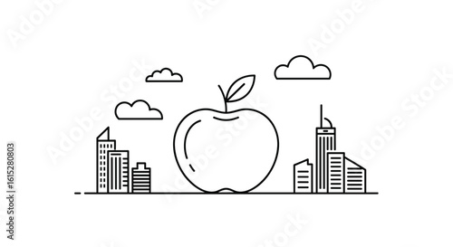 Apple and city skyline in minimalist black line illustration