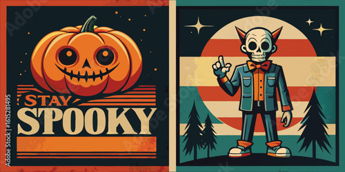 Retro Halloween Graphic Design with Vintage Elements and Color Palette
