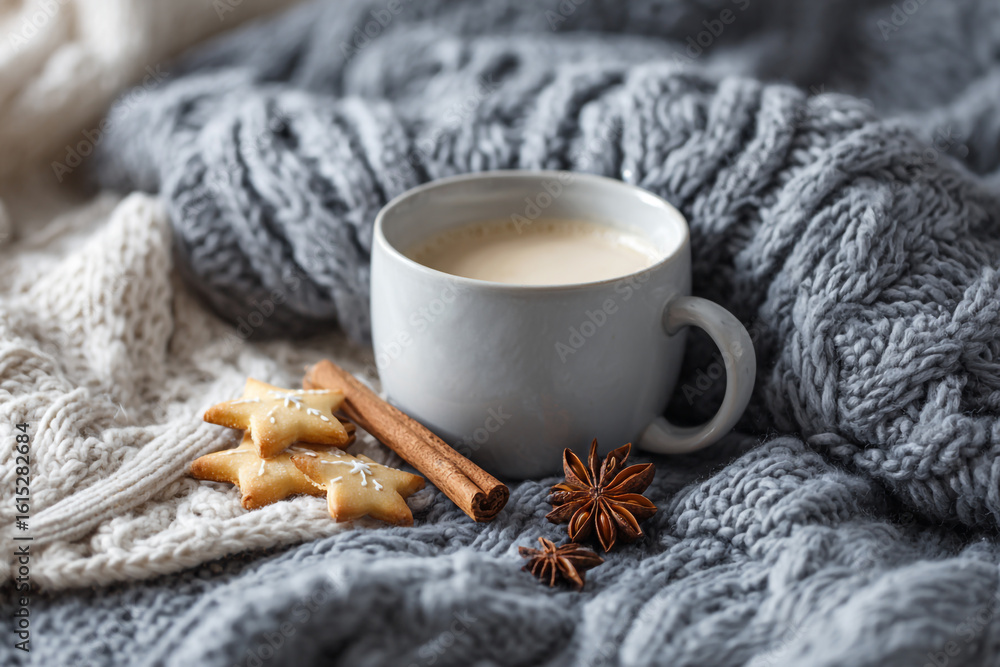A cozy cup of coffee sits amongst starshaped cookies and cinnamon sticks on a soft, grey knitted blanket A cozy cup of coffee sits amongst starshaped cookies and cinnamon sticks on a soft, grey knitted blanket