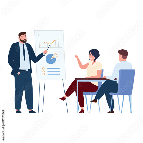 Illustration of a business meeting with presentation in a modern office setting, demonstrating teamwork and interaction between professionals.
