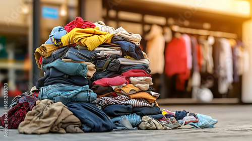 A towering pile of assorted used clothing.  Colorful garments, various sizes and types, stacked high on a pavement.  Out-of-focus clothing store in the background