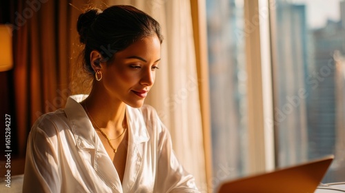 young woman sitting wooden desk using laptop