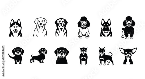 Vector silhouette illustration a set of dog breed portraits in silhouette, featuring a poodle, dachshund, rottweiler, and shiba inu