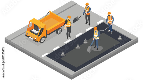 Isometric view of road repair with workers, truck, cones and asphalt patching on a gray surface