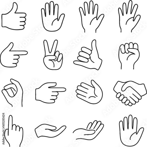 A collection of hand gestures arranged in a grid format showcases various signs used for communication, including thumbs up, peace sign, and pointing fingers.
