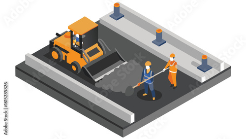 Isometric illustration of road construction with orange bulldozer and workers using a long handled tool