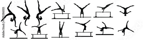Silhouettes of gymnasts performing various acrobatic poses on a white background in a vector style