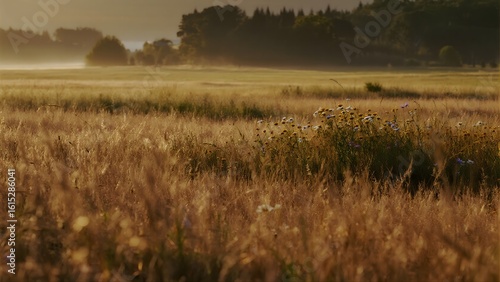 Fototapeta Naklejka Na Ścianę i Meble -  Late summer countryside with dry grass, fading wildflowers, and warm golden light, hinting the coming of fall.