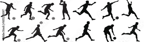 Silhouette figures playing soccer in various poses and actions with soccer balls in a white background