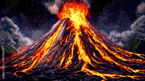 Eruptive volcano, pixel art style. Night sky, fiery lava flows, dramatic mountain
