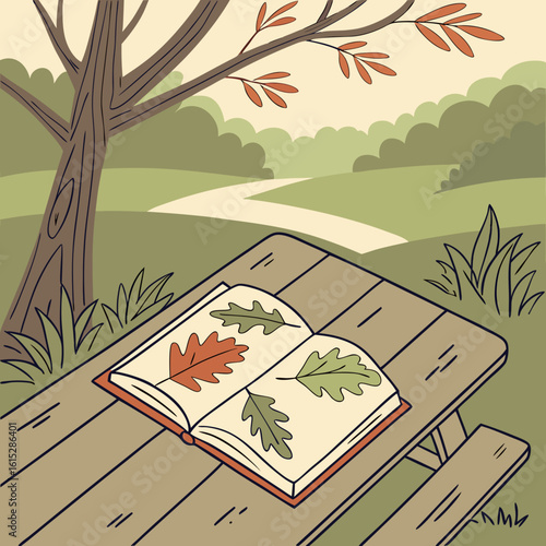 Open book with pressed leaves on a picnic blanket in a park with trees and bushes in the background
