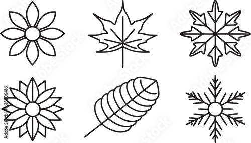 Line art icons representing seasonal nature: spring blossoms, summer sunflower, autumn maple leaf, winter pinecone, snowflake, migrating bird, budding twig, harvest sheaf, frost crystal.