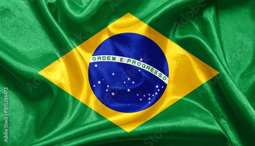 Brazilian flag—green field with yellow diamond framing a celestial blue globe of 27 stars and the motto “Ordem e Progresso,” symbolizing unity, cosmic order, and national ambition.