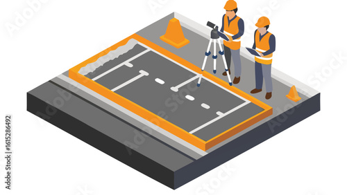 Isometric view of road construction site with workers surveying and traffic cones present on the scene