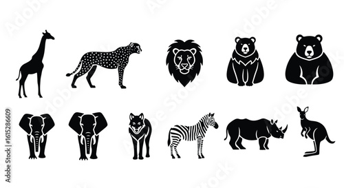 Vector silhouette illustration a collection of wild animals including a lion, wolf, and zebra