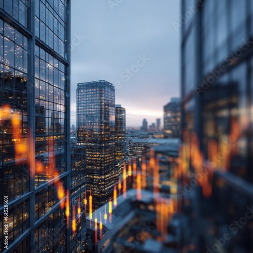 City skyline showing financial growth during twilight with illuminated buildings and abstract market trends
