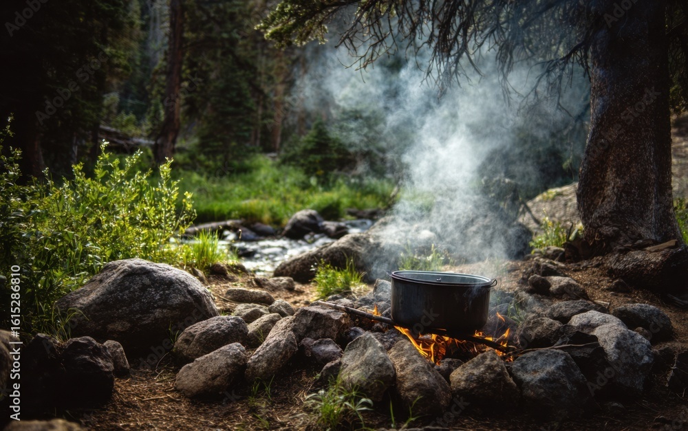 Campfire cooking near a creek in the forest during a sunny day Campfire cooking near a creek in the forest during a sunny day