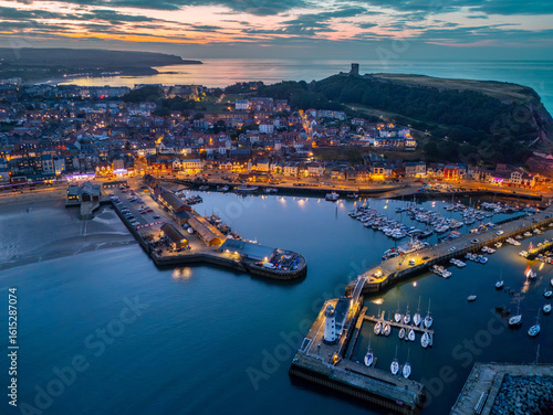 Photos Hi Quality Aerial Image of Scarborough Marina and Castle at Sunset, Yorkshire, United Kingdom