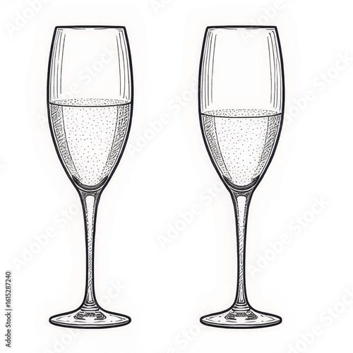 Two champagne flutes with bubbles on white background  
