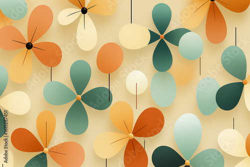Playful abstract floral forms with soft, rounded petals in orange, teal, and cream dance across a beige background, evoking modern retro charm.