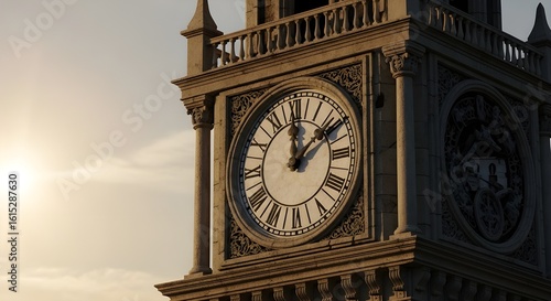 Detailed Clock Tower at Sunset, Roman Numerals and Ornate Architecture