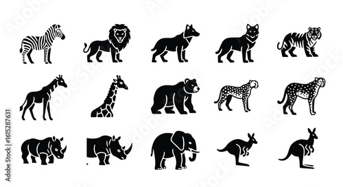 Vector silhouette illustration silhouettes of a dog, a bear, and an elephant, representing different animals isolated on a white background