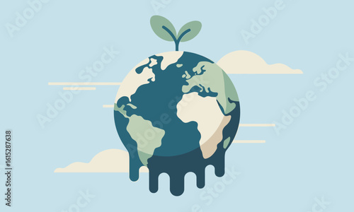 Melting Earth with new growth symbolizes climate change crisis and hopeful future regeneration