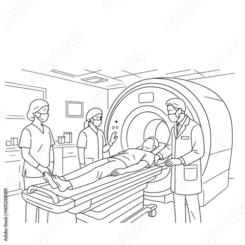 Patient undergoing MRI scan with medical professionals