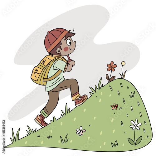 A boy with a backpack is climbing a grassy hill with flowers under a cloudy sky in a cartoon illustration