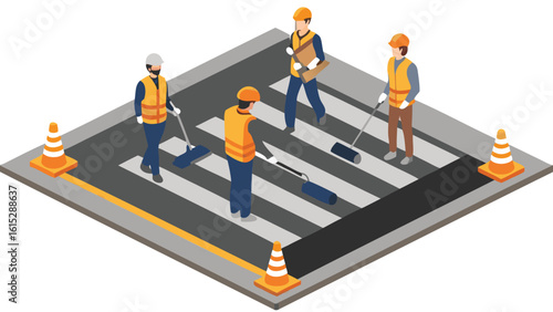 Isometric view of workers painting a crosswalk with safety cones and road work equipment present on scene