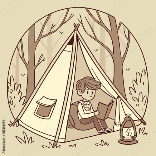 A cartoon boy sitting inside a tent reading a book with trees and a lantern in a circular frame design
