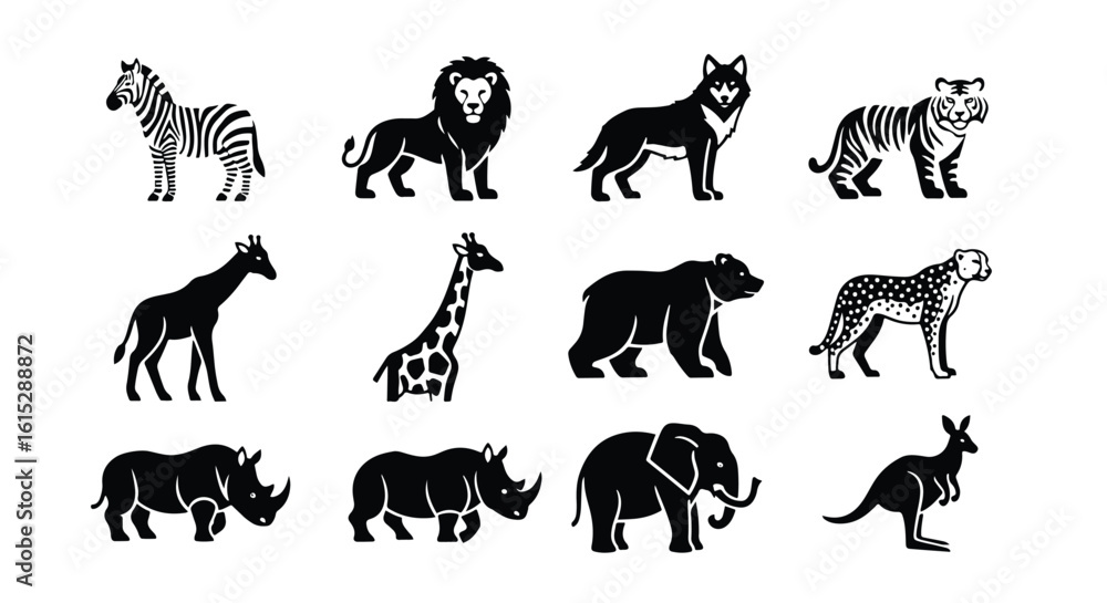 Naklejka premium Vector silhouette illustration stylized black silhouette illustrations of a giraffe and a bear on a white background