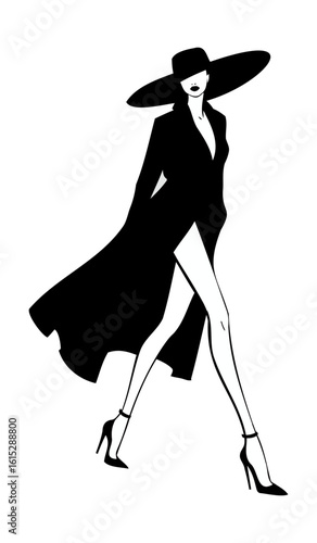 Fashionable Woman Silhouette in Elegant Hat and Long Coat