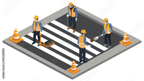 Isometric view of road workers repairing a crosswalk with cones and safety vests on the street