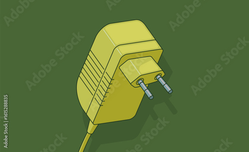 Green electric plug adapter vector illustration. Illustration of a green electric plug adapter with two metal prongs on a green background.