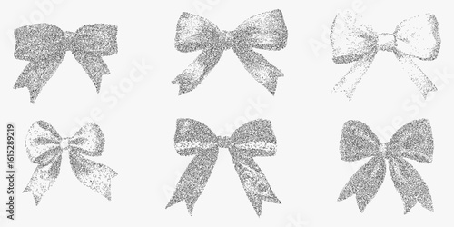 Set of six bows with a grainy texture. Old stipple drawing with halftone dot pattern, photocopy noise and strong threshold vibe.