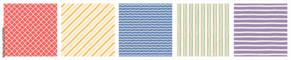 Hand drawn geometric seamless regular patterns set, collection. Doodle, uneven artistic lines, straight and diagonal pinstripes, stripes, bars, streaks, waves. Check, plaid, striped square backgrounds