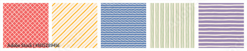 Hand drawn geometric seamless regular patterns set, collection. Doodle, uneven artistic lines, straight and diagonal pinstripes, stripes, bars, streaks, waves. Check, plaid, striped square backgrounds