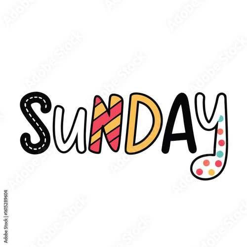 Cute artistic Sunday lettering displaying polka dots and stripes on transparent background