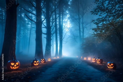 Foggy Forest Path with Glowing Halloween Pumpkins