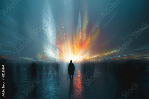 A lone silhouette stands before a vibrant explosion of light and color in a city at night