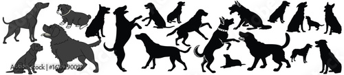 Massive dog black vector mega collection with silhouette illustrations of different dog breeds, sitting, standing, running, jumping, barking poses, perfect for pet logos, signs, decals, and t-shirts