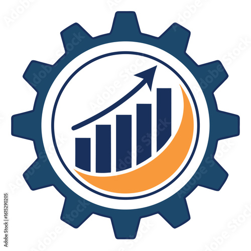 Blue cog encircles a chart with bars and rising arrow representing progress, transparent background