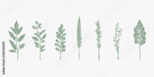Row of trees with different shapes. High contrast stipple image with visible halftone dots and rough retro paper grain.